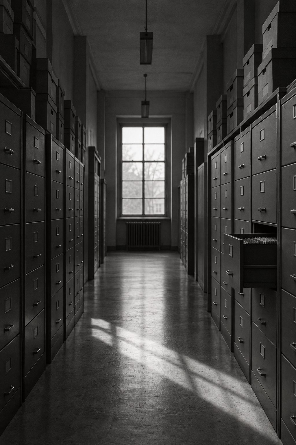 A long corridor of grey filing cabinets with one drawer half open