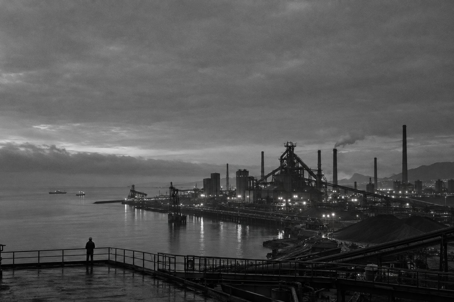 Coastal steelworks and industrial infrastructure at blue hour with a single figure on a walkway